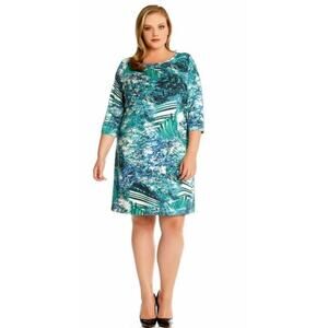 Karen Kane Small Palmilla Sheath Dress Green Palm Print 3/4 Sleeves Stretch